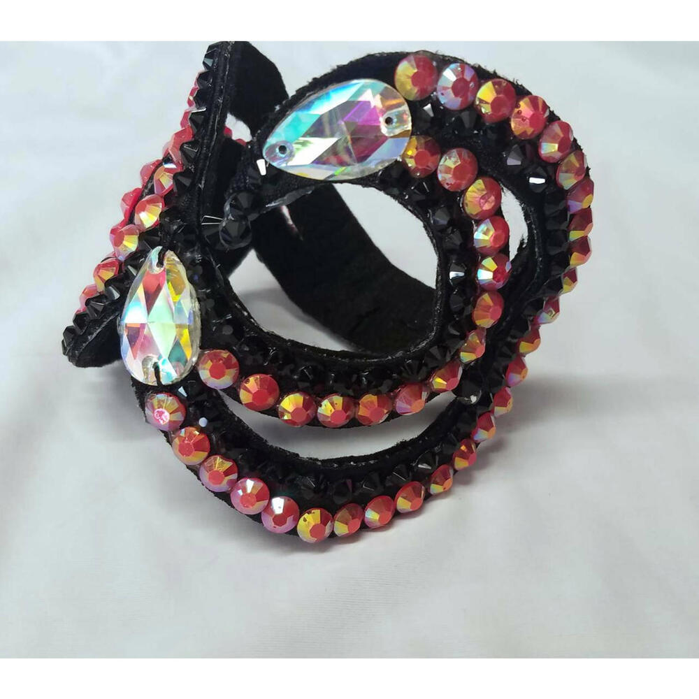 Gothic Bracelet Rhinestone Black Coral Pink Crystal Snap Cuff Swirl